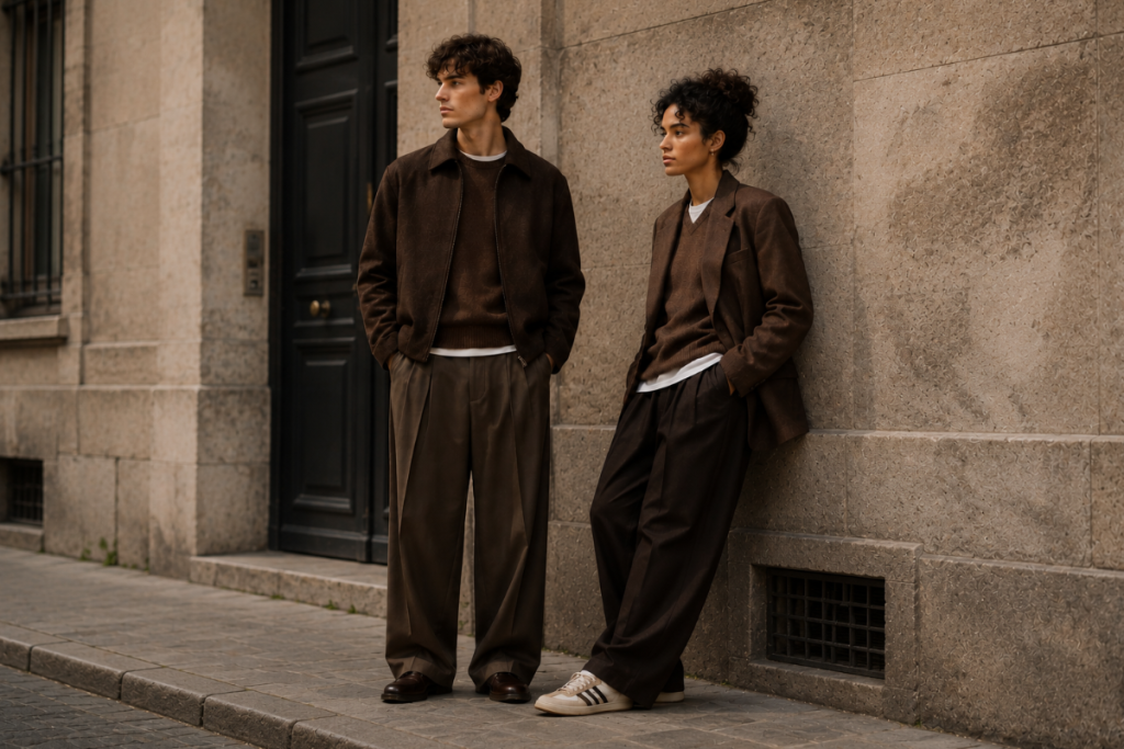 Illustration de deux personnes en tenue chic et décontractée pour représenter l'univers Outfit.