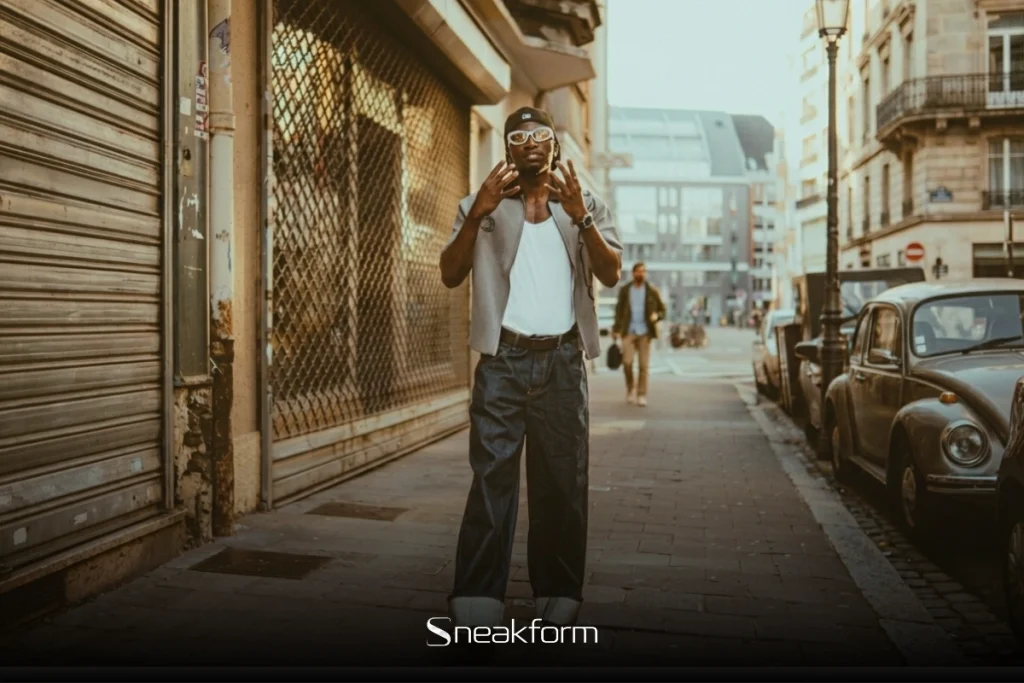 Homme en tenue streetwear dans une rue parisienne au coucher du soleil, jean baggy sombre, blazer gris, lunettes de soleil blanches et sneakers blanches.