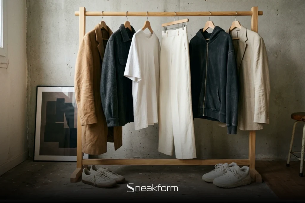 Penderie capsule contemporaine avec manteau camel, surchemise grise, t-shirt blanc, pantalon tailleur crème, hoodie noir et blazer sable, deux paires de sneakers au sol.