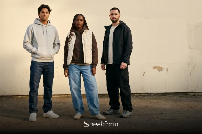 Outfit streetwear unisexe, trois silhouettes en pied, hoodie gris et jean droit, gilet matelassé écru sur hoodie brun et jean baggy clair, veste technique noire et cargo noir.