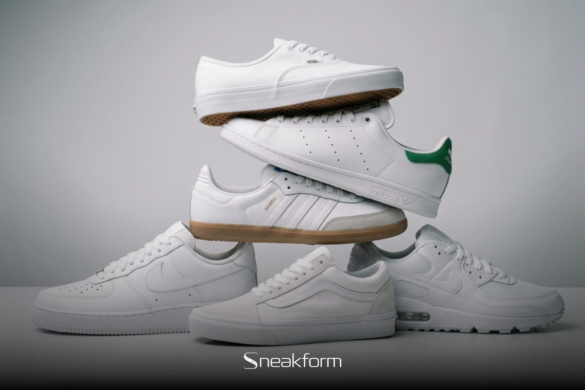 Six modèles de sneakers blanches empilés, Vans Authentic, Adidas Stan Smith, Adidas Samba à semelle gomme, Nike Air Force 1, Vans Old Skool et Nike Air Max 90.