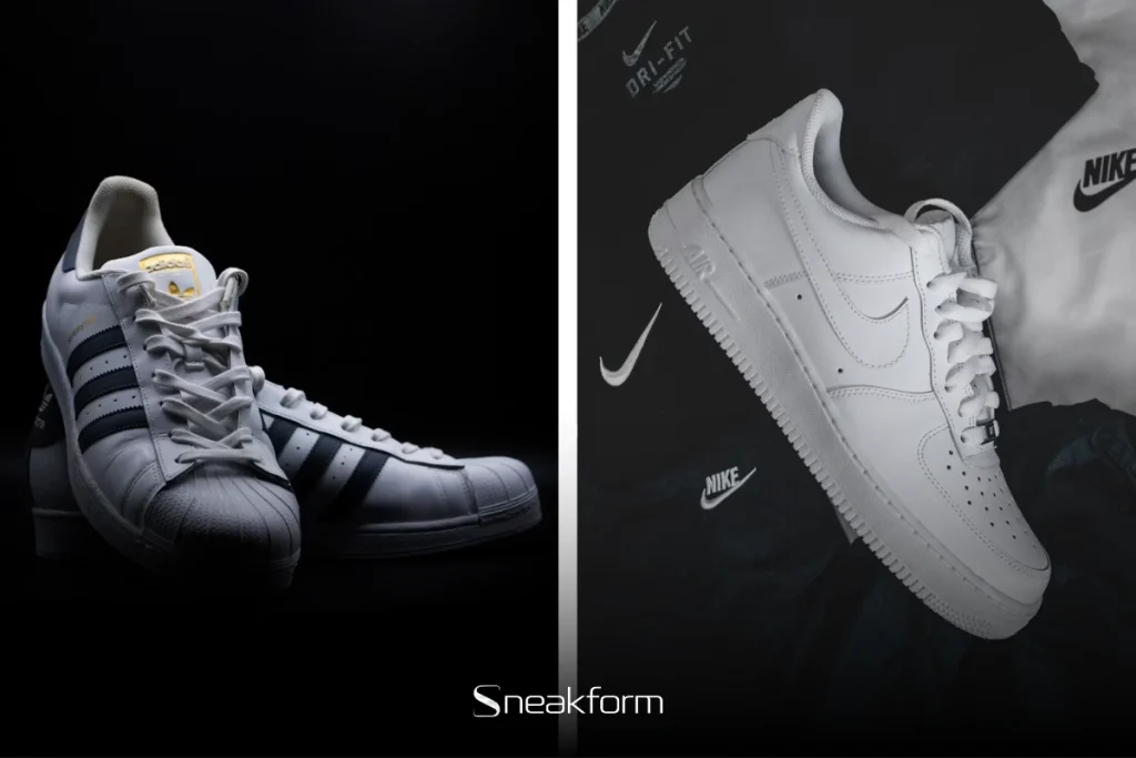 Adidas Superstar blanc et noir à gauche, Nike Air Force 1 Low triple white à droite, deux silhouettes iconiques qui ont redéfini la place des sneakers dans la mode actuelle.