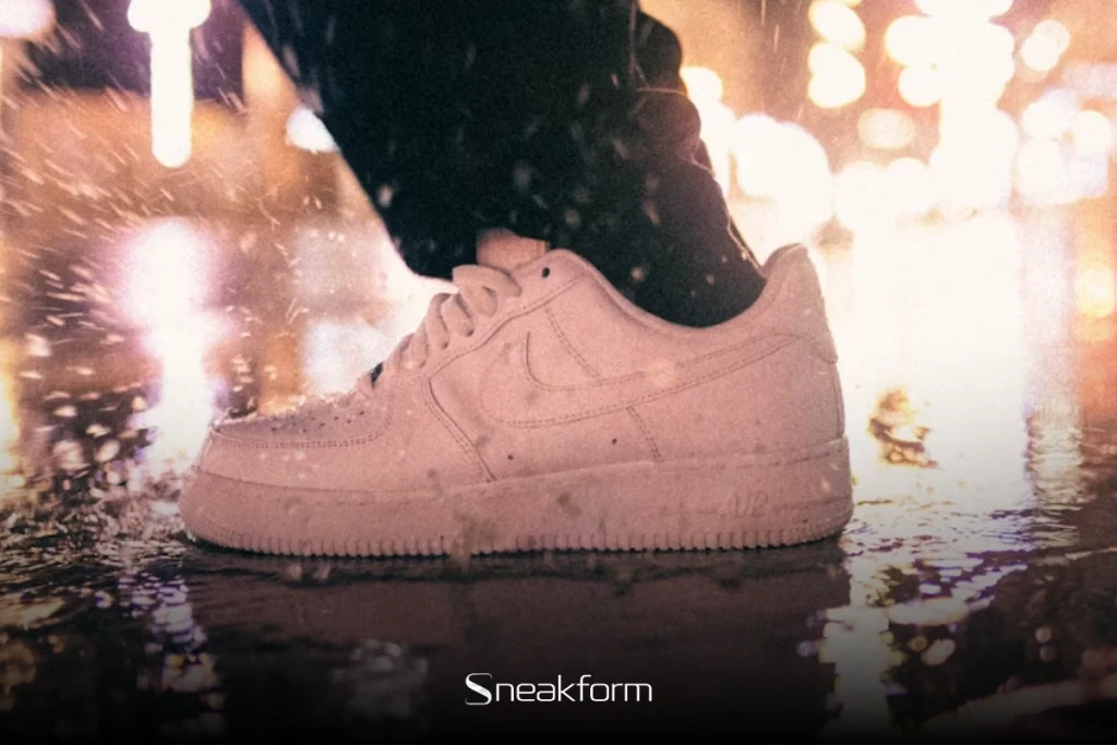 Nike Air Force 1 blanche sous la pluie en ville, conseils entretien sneakers Sneakform.