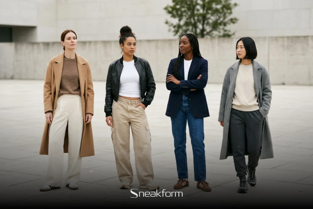 Quatre femmes aux styles distincts côte à côte, minimalisme contemporain, streetwear, casual chic et athleisure, représentant les grandes familles d'outfit femme.