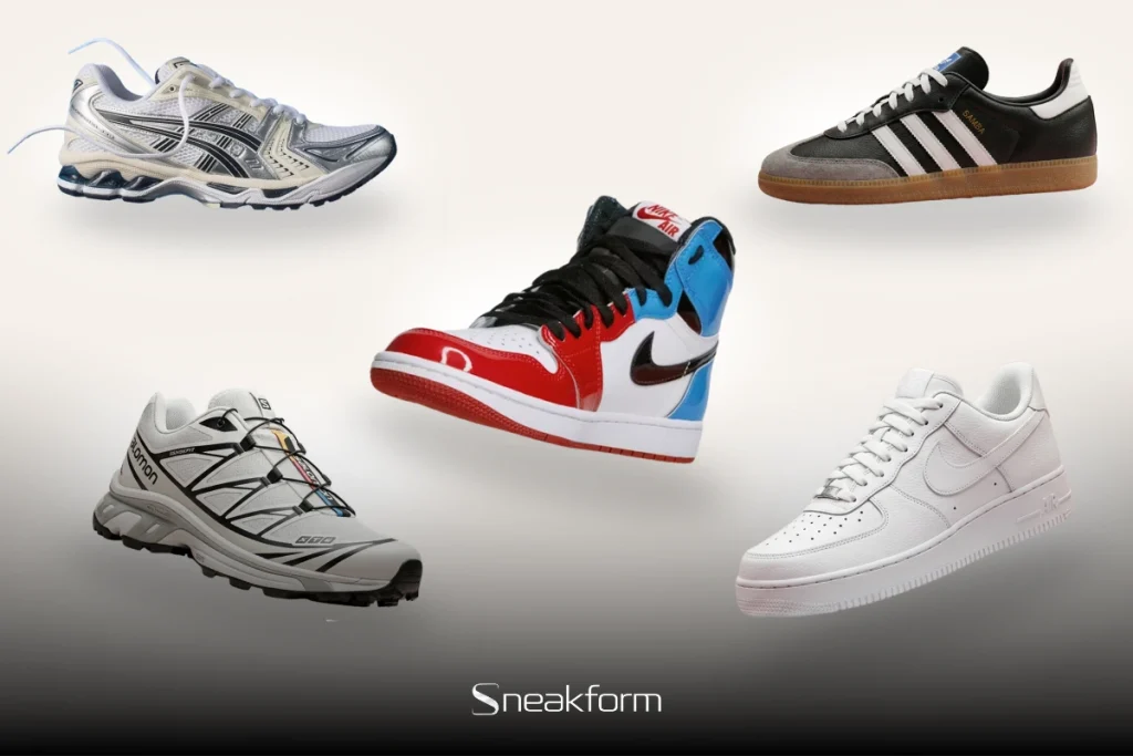 Les grandes familles de sneakers : Asics Gel-Kayano, Air Jordan 1, Adidas Samba, Salomon XT-6, Nike Air Force 1.