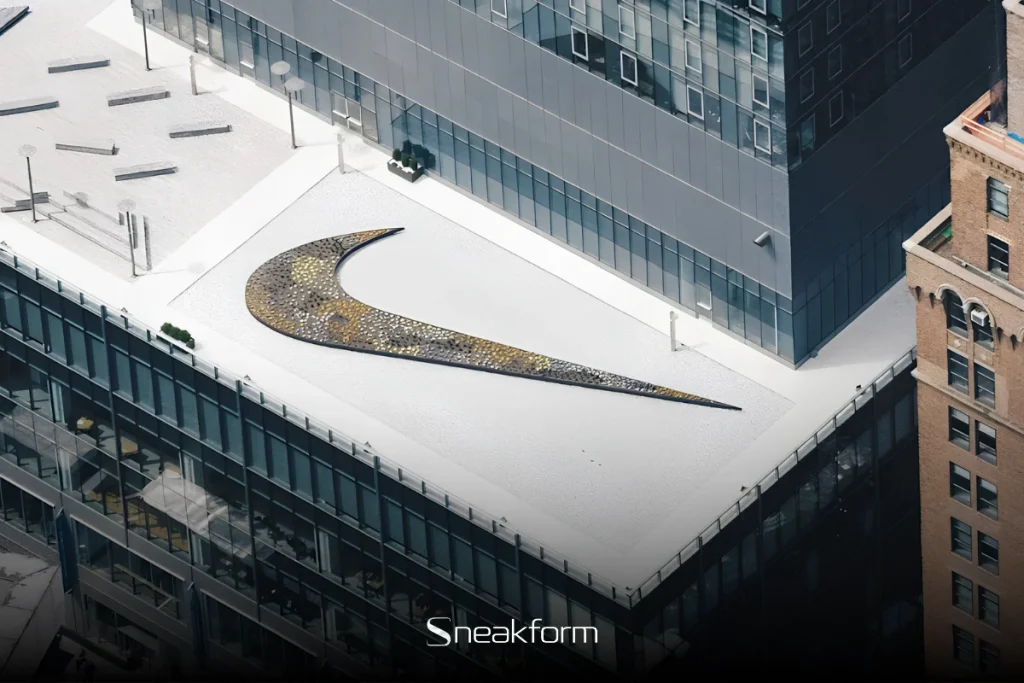 Swoosh Nike en mosaïque sur le toit d'un immeuble à New York, icône Nike sneakers.