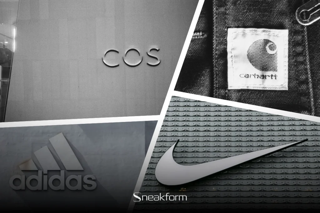 Composition en quatre cadres des logos COS, Carhartt WIP, Adidas et Nike, les marques contemporaines qui redéfinissent le style entre minimalisme et streetwear.