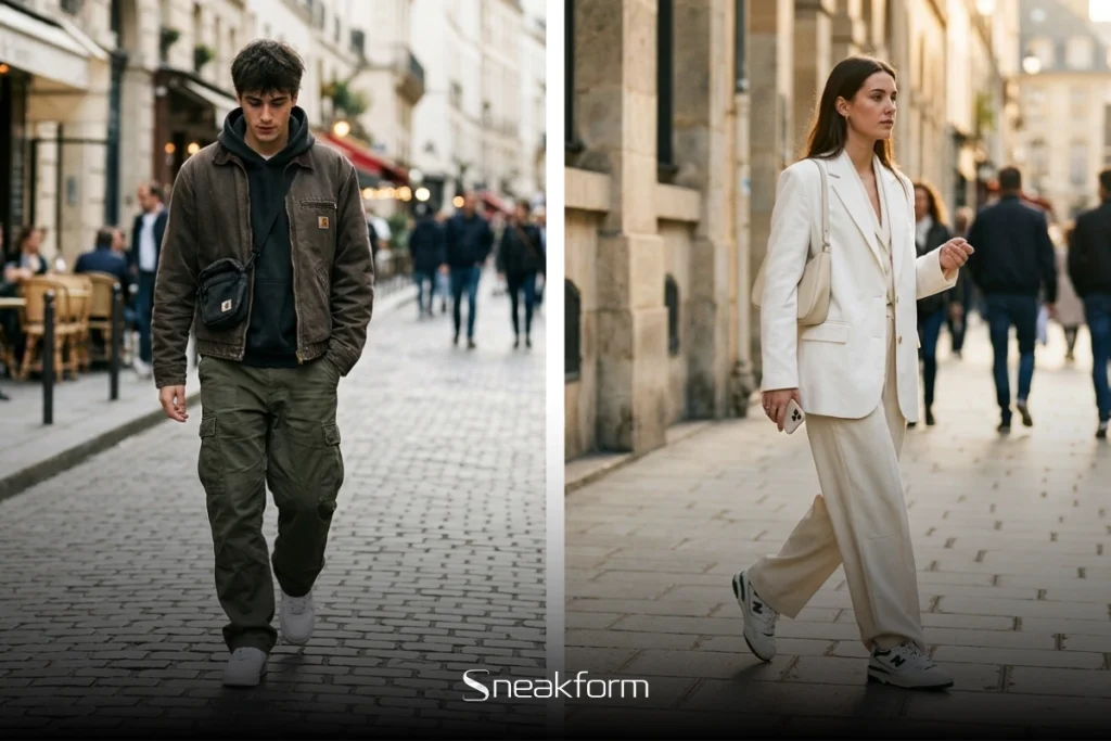À gauche, homme en cargo olive, hoodie noir et veste Carhartt WIP dans les rues de Paris. À droite, femme en costume tailleur crème et New Balance, deux lectures du style contemporain.