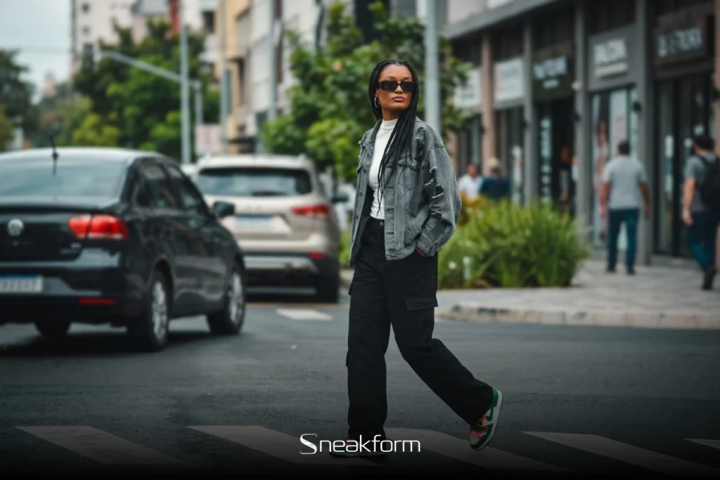 Femme en outfit streetwear traversant une rue urbaine, cargo noir, veste en denim gris oversized, sneakers colorées Nike et lunettes de soleil noires.