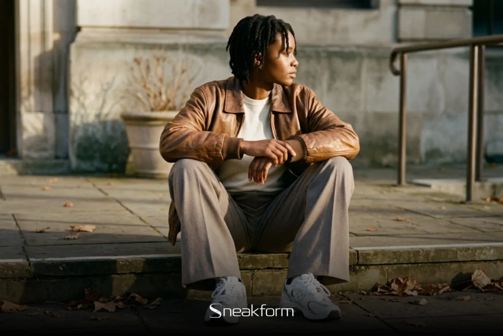 Outfit femme automne avec blouson en cuir brun, pantalon large taupe et New Balance 530 blanches, assise sur des marches en pierre avec des feuilles mortes au sol.