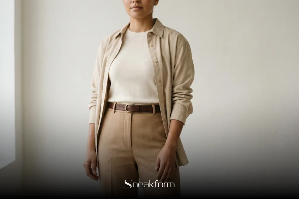 Palette de neutres chauds dans un outfit femme, surchemise sable ouverte sur un tricot crème et un pantalon camel avec ceinture en cuir brun.