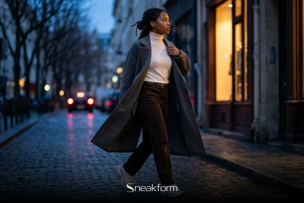 Outfit femme hiver avec manteau long gris, col roulé blanc et pantalon en velours côtelé brun chocolat, marche dans une rue pavée en blue hour.