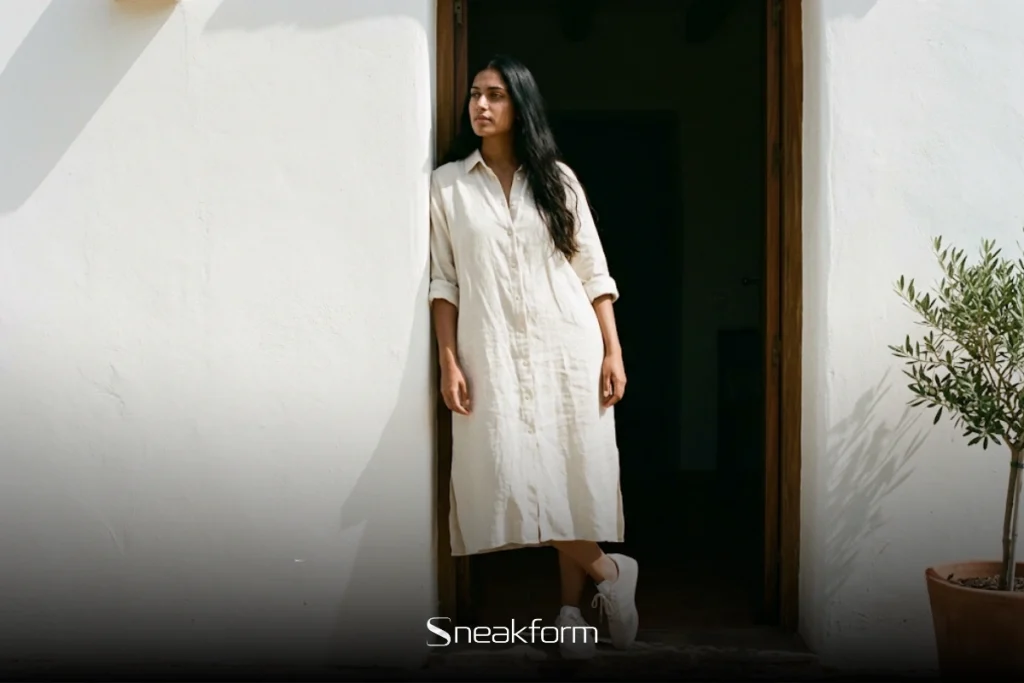 Outfit femme été avec robe chemise en lin écru portée avec des sneakers blanches, appuyée contre un mur blanc sous la lumière naturelle.