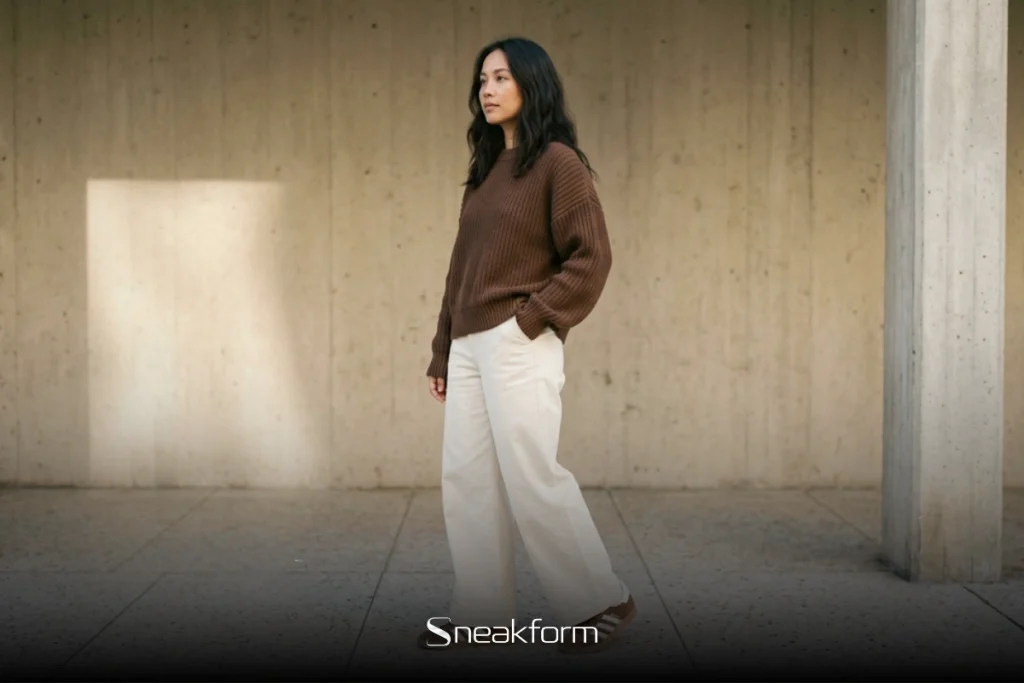 Silhouette féminine en pull oversized brun et pantalon large écru illustrant l'équilibre des volumes dans un outfit femme, devant un mur en béton.