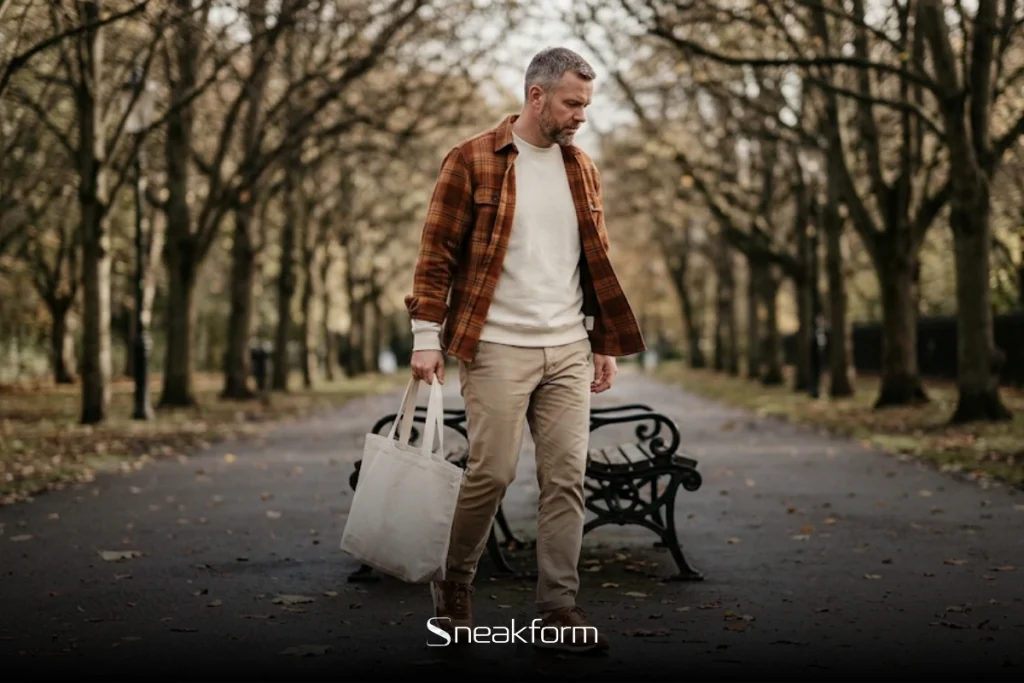 Outfit homme automne avec surchemise en flanelle rouille, sweat crème et chino beige, dans une allée de parc aux arbres dénudés.