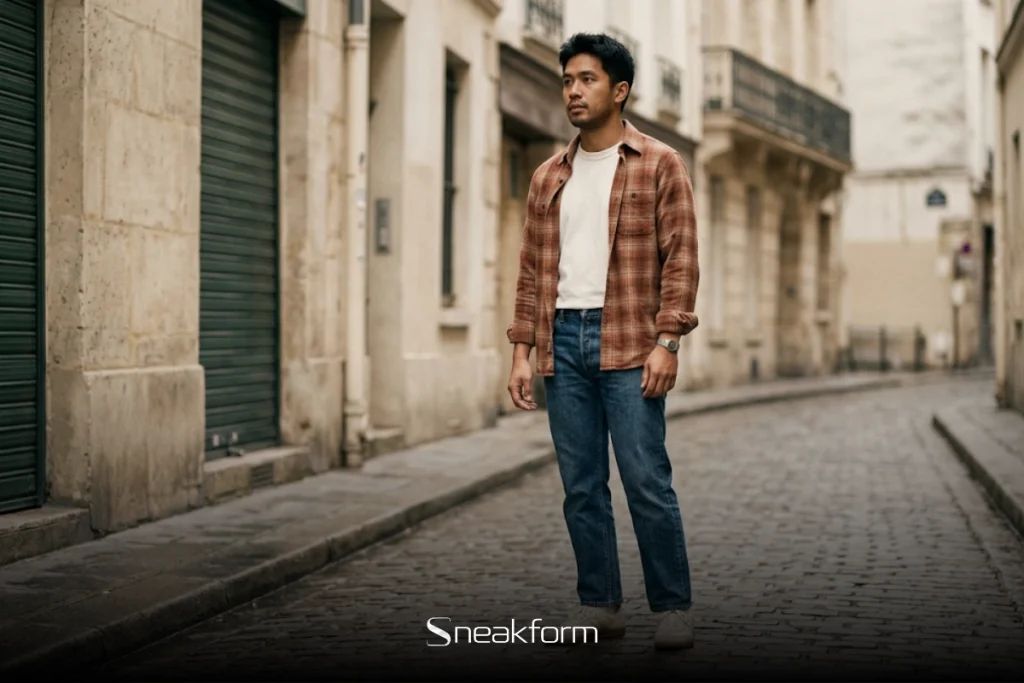 Outfit homme casual avec jean droit brut, t-shirt blanc et surchemise en flanelle dans une rue pavée parisienne.