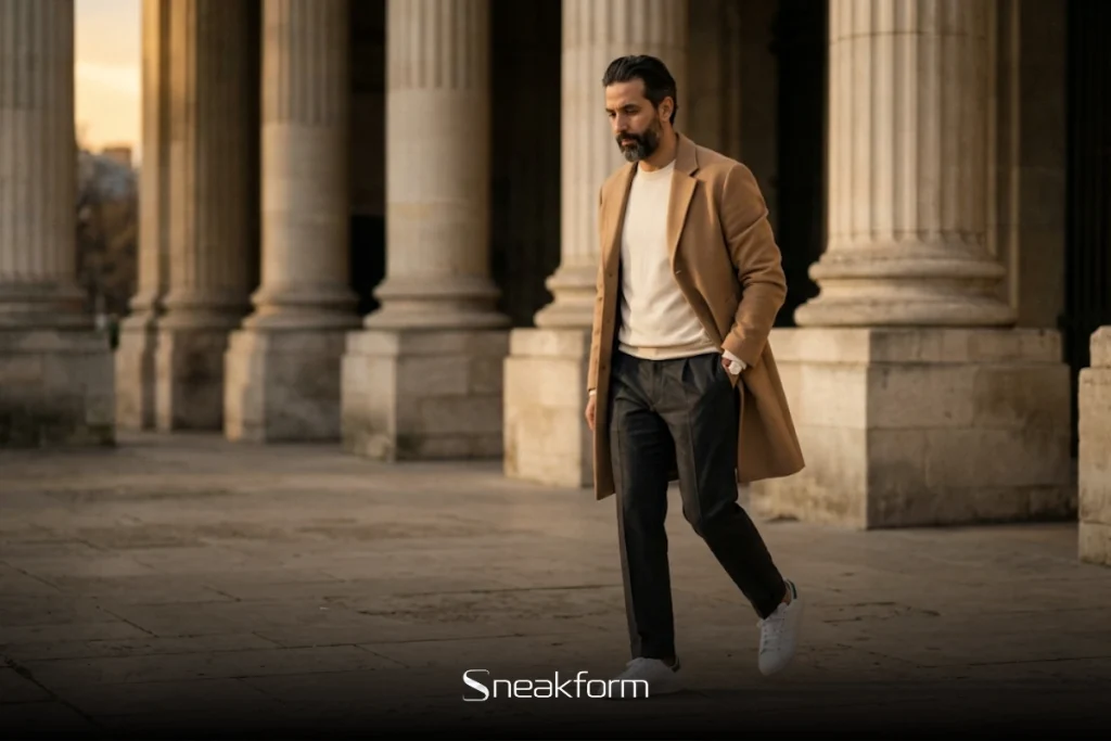 Outfit homme classe avec pardessus camel en laine, pantalon de tailleur anthracite et sneakers blanches devant des colonnes en pierre dorées par le soleil couchant.