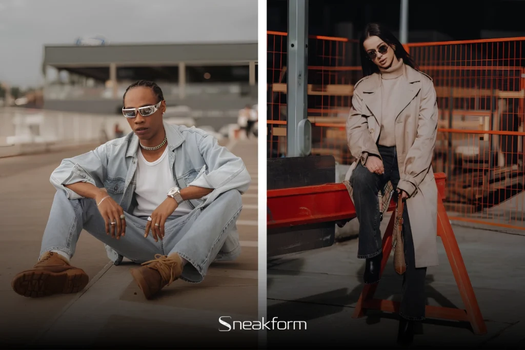 Duo outfit homme et femme en style contemporain, total look denim clair avec sneakers camel à gauche, trench coat beige avec jean et bottes noires à droite.