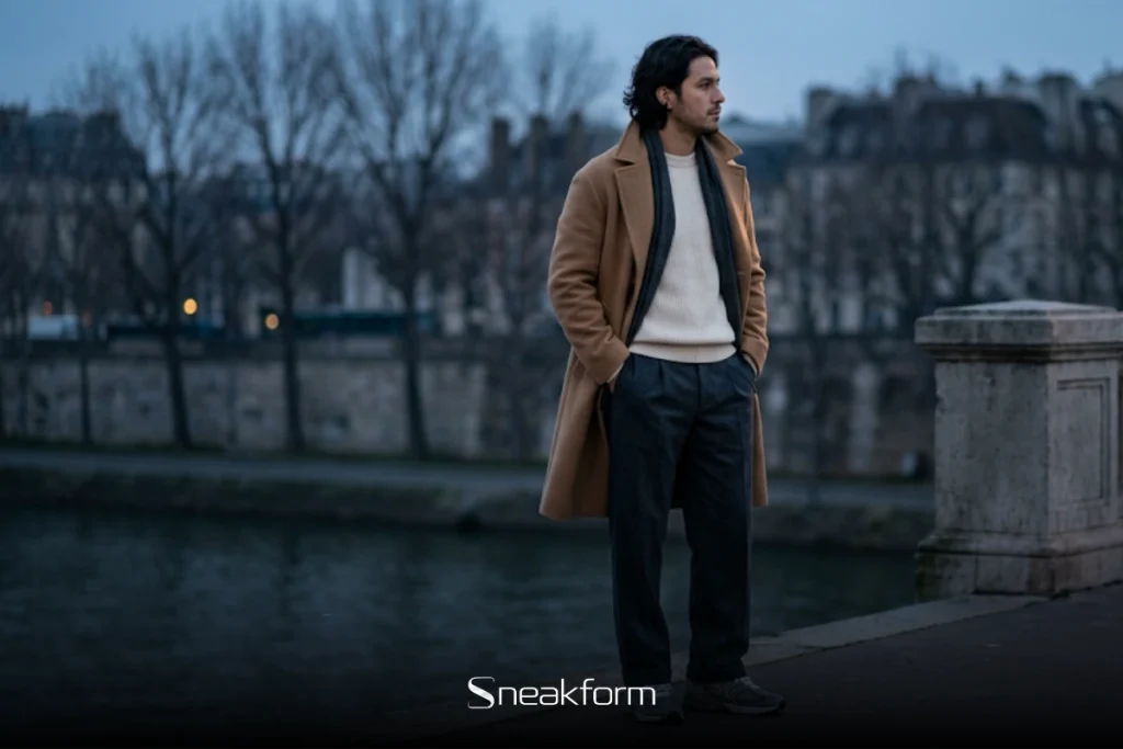 Outfit homme hiver avec pardessus camel, pull crème, pantalon anthracite et écharpe en laine grise, debout sur un pont parisien au crépuscule.