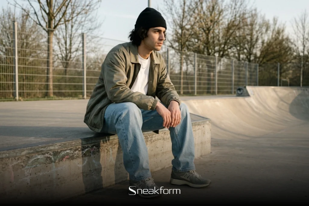 Outfit homme printemps streetwear avec jean baggy délavé, veste coach kaki et bonnet noir, assis sur un module en béton dans un skatepark.
