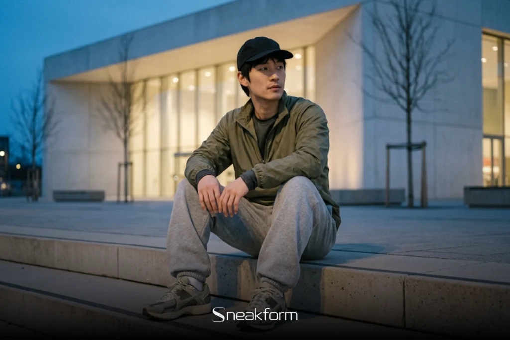 Outfit homme sportswear avec jogging gris chiné, coupe-vent technique kaki et sneakers running, assis sur des marches en béton à l'heure bleue