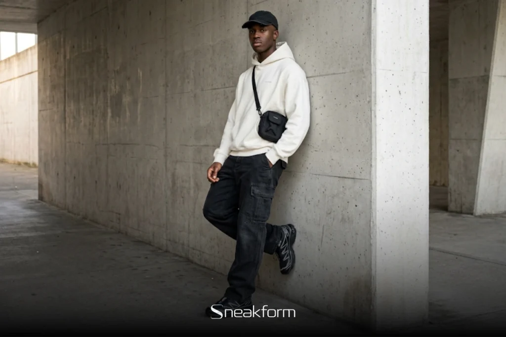 Outfit homme streetwear avec cargo noir, hoodie oversize écru, casquette noire et sac bandoulière, adossé à un mur en béton brut.