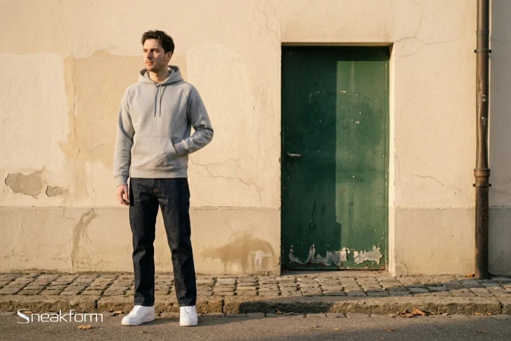 Outfit streetwear en silhouette droite, hoodie gris chiné Carhartt WIP, jean droit bleu brut et Nike Air Force 1 Low Triple White portés en pied contre un mur crème.