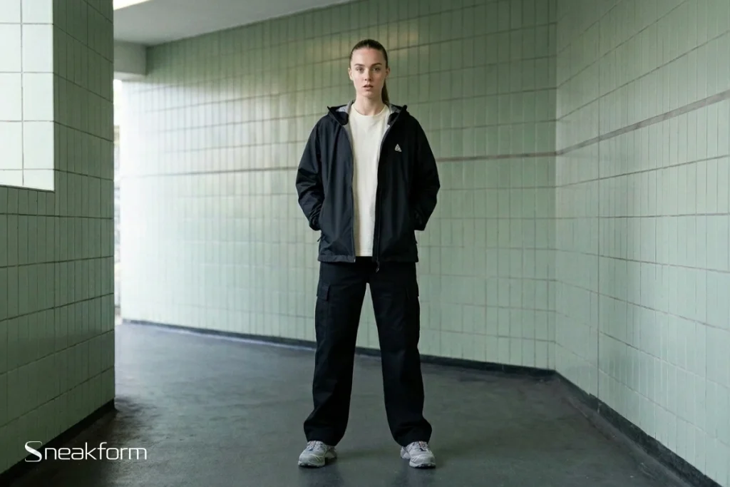 Outfit streetwear en registre technique, veste Nike ACG noire portée ouverte sur tee-shirt écru, cargo Carhartt WIP Kade noir et Salomon XT-6 grises dans un passage carrelé.