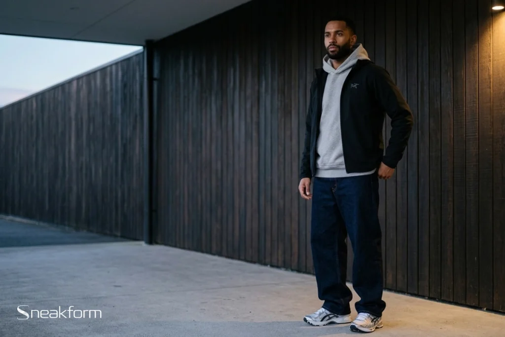 Outfit streetwear technique masculin, veste softshell Arc'teryx noire sur hoodie gris chiné, jean Levi's indigo brut coupe large et Asics Gel-Kayano 14 blanches et argent devant un mur en bois sombre.