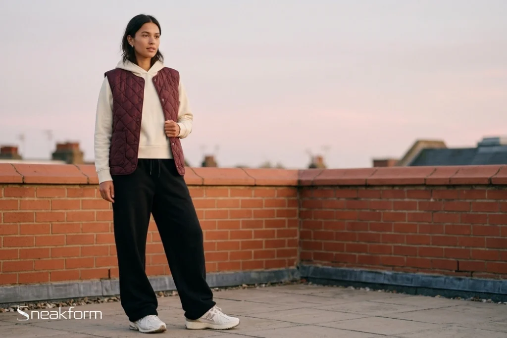 Outfit streetwear féminin avec jogging, gilet matelassé bordeaux porté ouvert sur hoodie Patagonia écru, jogging noir ample à jambe droite et New Balance 1906R blanches sur un toit-terrasse.