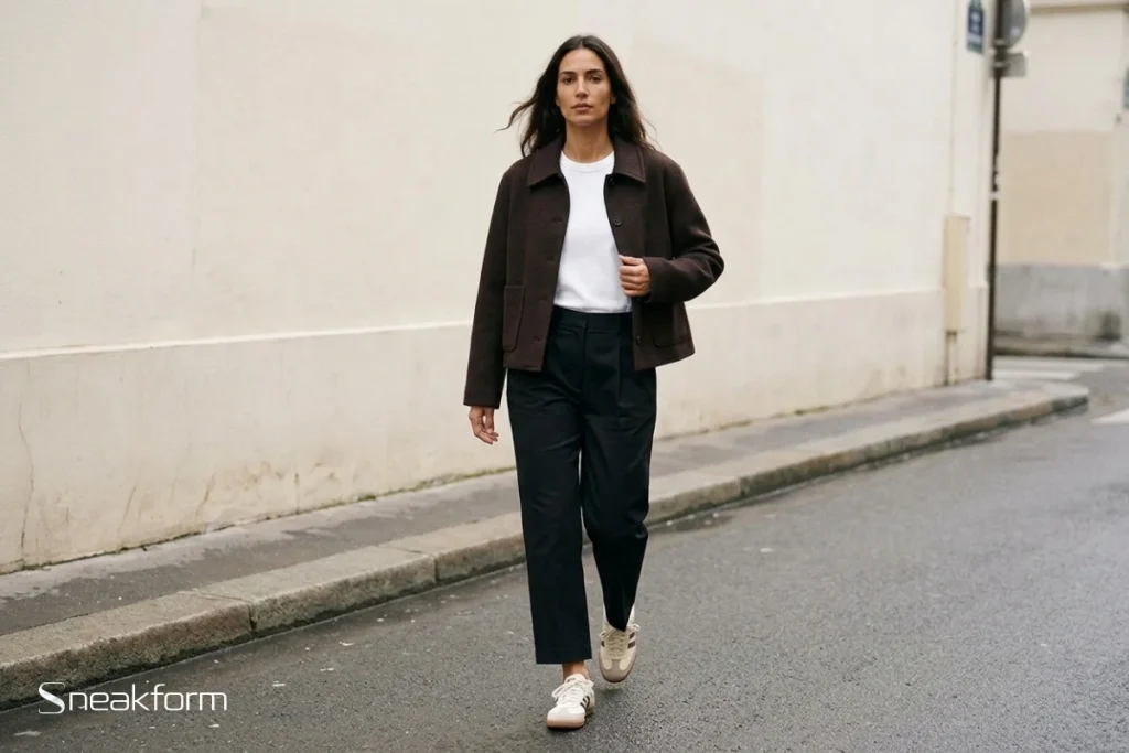 Outfit streetwear féminin, veste courte en laine marron portée ouverte sur tee-shirt blanc, chino droit noir et Adidas Samba OG beige et marron, silhouette en marche dans une rue.