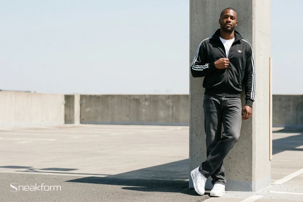 Outfit streetwear masculin, veste de survêtement Adidas Originals Firebird noire sur tee-shirt blanc, jean noir délavé coupe droite et Nike Air Max 90 blanches, silhouette en appui sur un pilier.