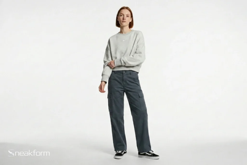 Outfit streetwear en silhouette relaxed, sweat court Nike Sportswear gris chiné, cargo Carhartt WIP gris ardoise à jambe large et Vans Old Skool noires sur fond blanc.