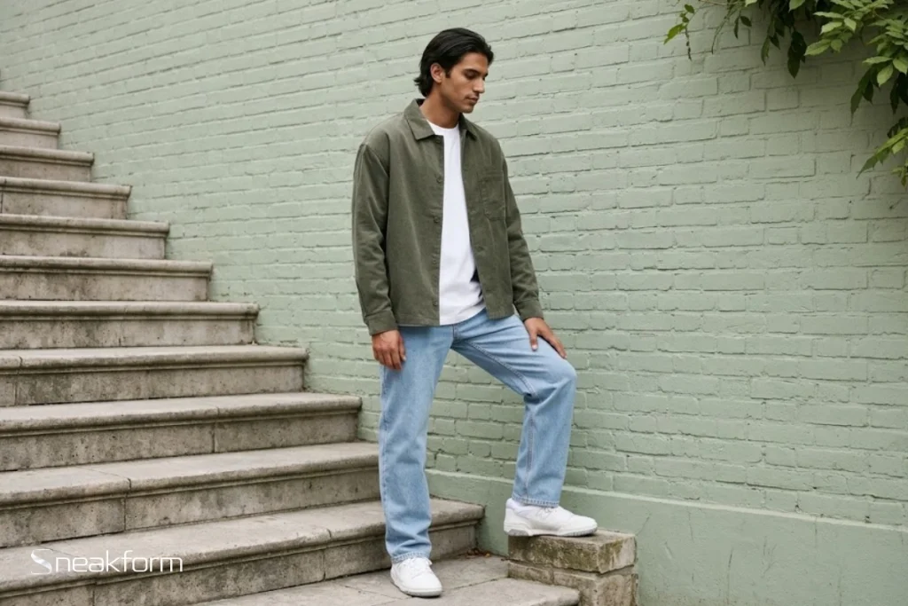 Outfit streetwear masculin, surchemise en velours côtelé kaki portée ouverte sur tee-shirt blanc, jean droit bleu clair et New Balance 550 blanches et grises sur un escalier extérieur.
