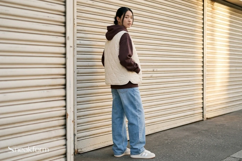Outfit streetwear féminin, gilet matelassé écru porté ouvert sur hoodie Carhartt WIP Casey brun, jean relaxed barrel bleu clair et Adidas Campus 00s crème devant un rideau métallique.