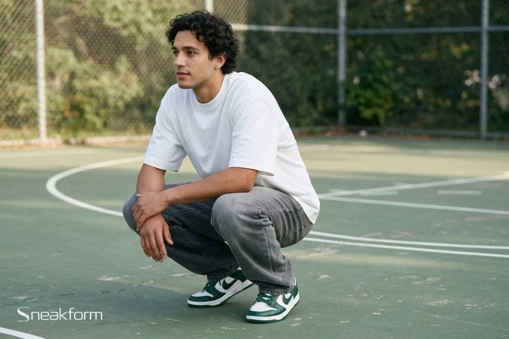 Outfit streetwear en silhouette baggy, tee-shirt blanc épais coupe boxy, jean baggy gris délavé et Nike Dunk Low blanches et vert sapin, silhouette accroupie sur un terrain de basket.