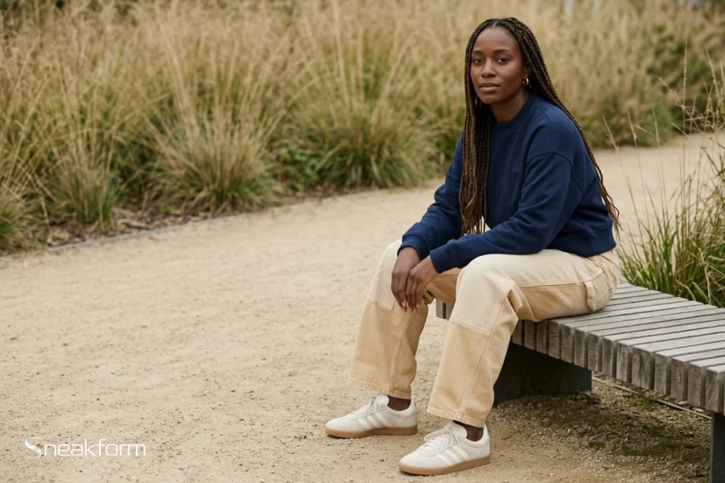 Outfit streetwear féminin, sweat crewneck Lacoste marine, pantalon de travail Carhartt WIP Double Knee beige délavé et Adidas Gazelle beige à semelle gomme, silhouette assise sur un banc.