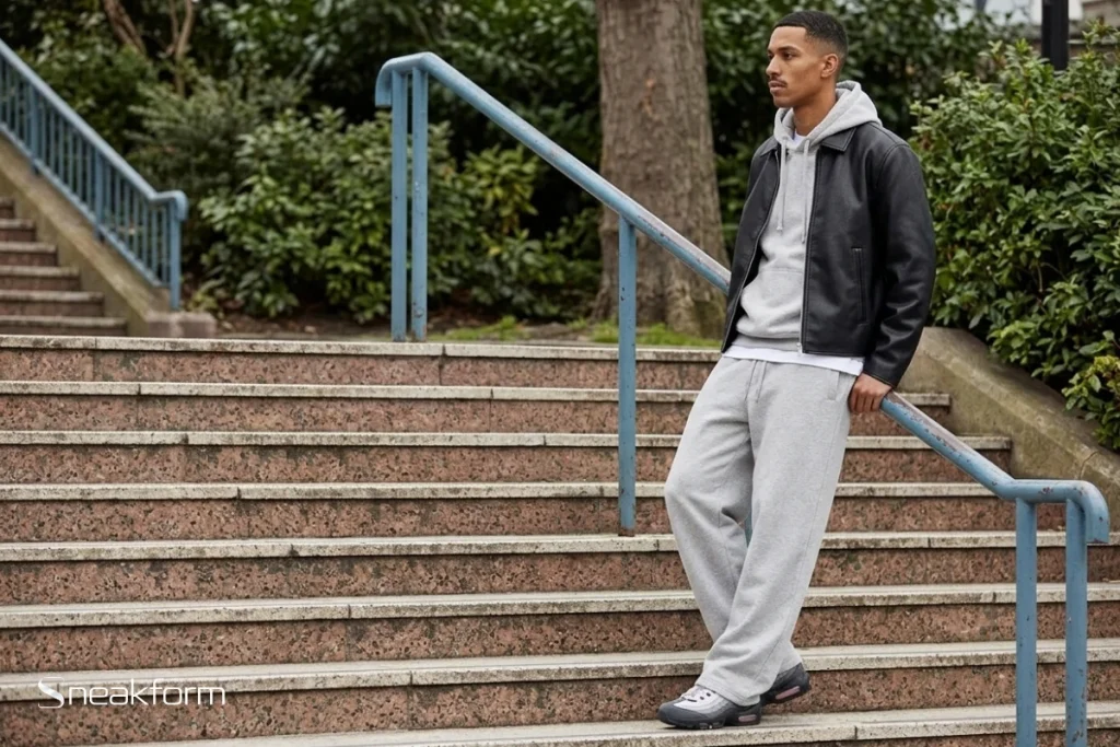 Outfit streetwear avec jogging, veste en cuir noire courte sur hoodie gris chiné, tee-shirt blanc, jogging gris chiné à jambe droite et Nike Air Max 95 grises et roses sur un escalier.