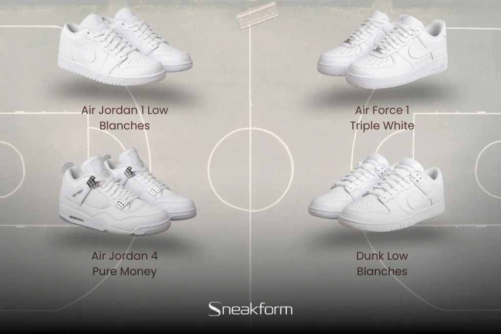 Sneakers blanches issues du basket sur un terrain, Air Jordan 1 Low, Nike Air Force 1 Triple White, Air Jordan 4 Pure Money et Nike Dunk Low.
