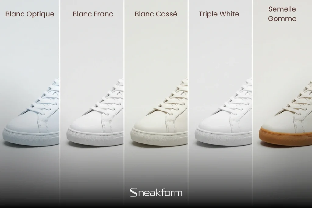 Cinq nuances de blanc comparées sur des sneakers, blanc optique, blanc franc, blanc cassé, triple white et semelle gomme.