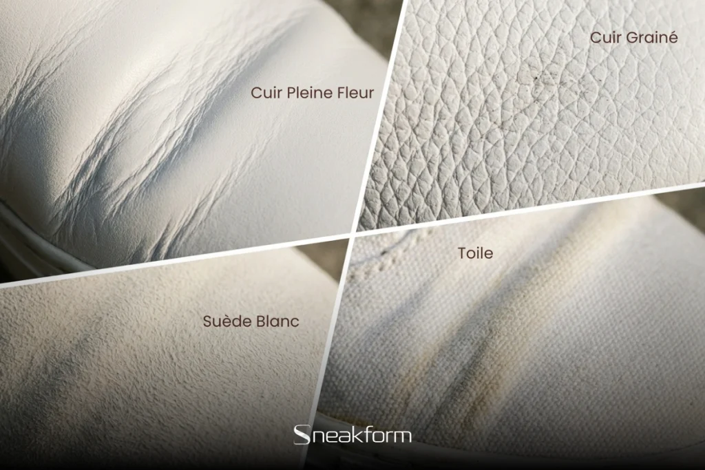 Quatre matières de sneakers blanches en gros plan, cuir pleine fleur marqué par les plis, cuir grainé, suède blanc et toile jaunie.