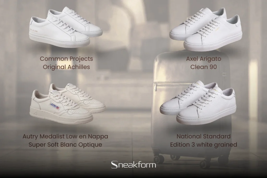 Sneakers blanches minimalistes en cuir, Common Projects Original Achilles, Axel Arigato Clean 90, Autry Medalist Low et National Standard Edition 3.