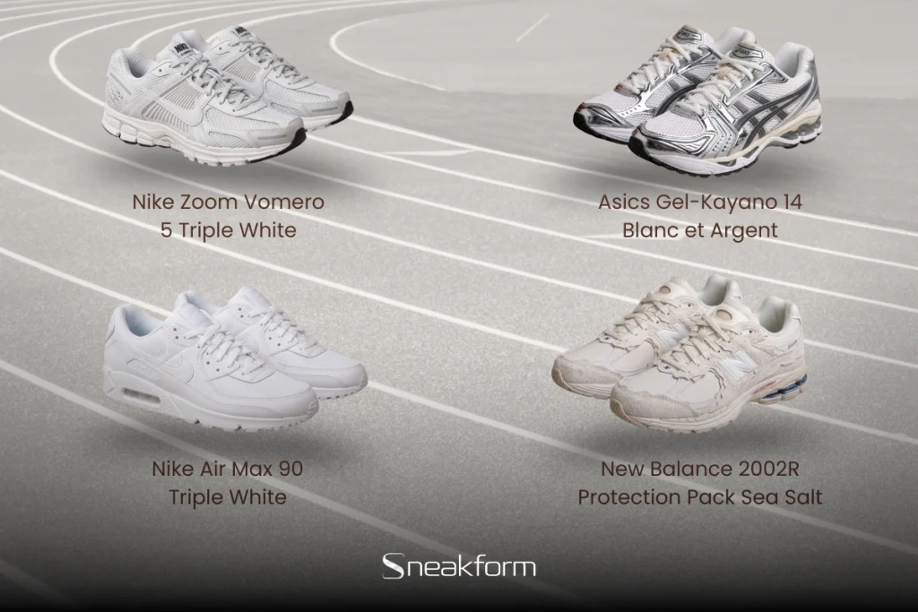 Sneakers blanches rétro-running sur une piste d'athlétisme, Nike Zoom Vomero 5, Asics Gel-Kayano 14, Nike Air Max 90 Triple White et New Balance 2002R Sea Salt.