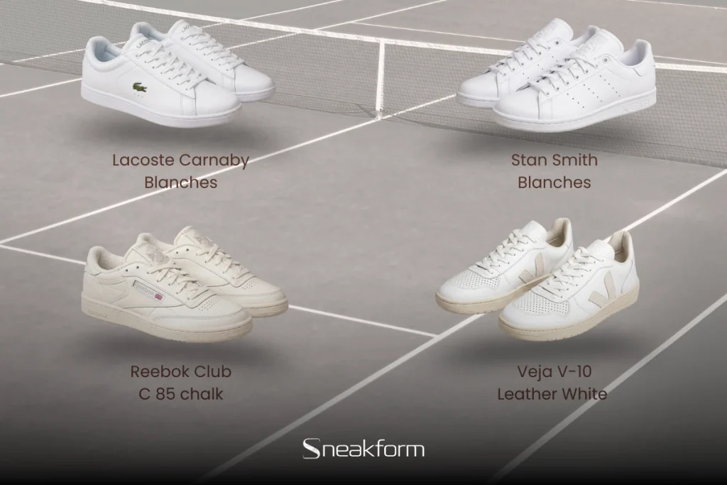 Sneakers blanches de tennis sur un court, Lacoste Carnaby, Adidas Stan Smith, Reebok Club C 85 chalk et Veja V-10 Leather White.