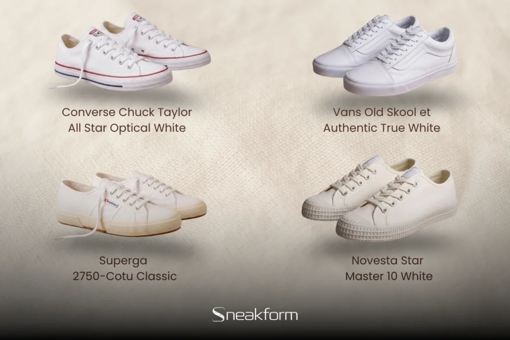 Sneakers blanches en toile, Converse Chuck Taylor All Star Optical White, Vans Old Skool, Superga 2750 Cotu Classic et Novesta Star Master.