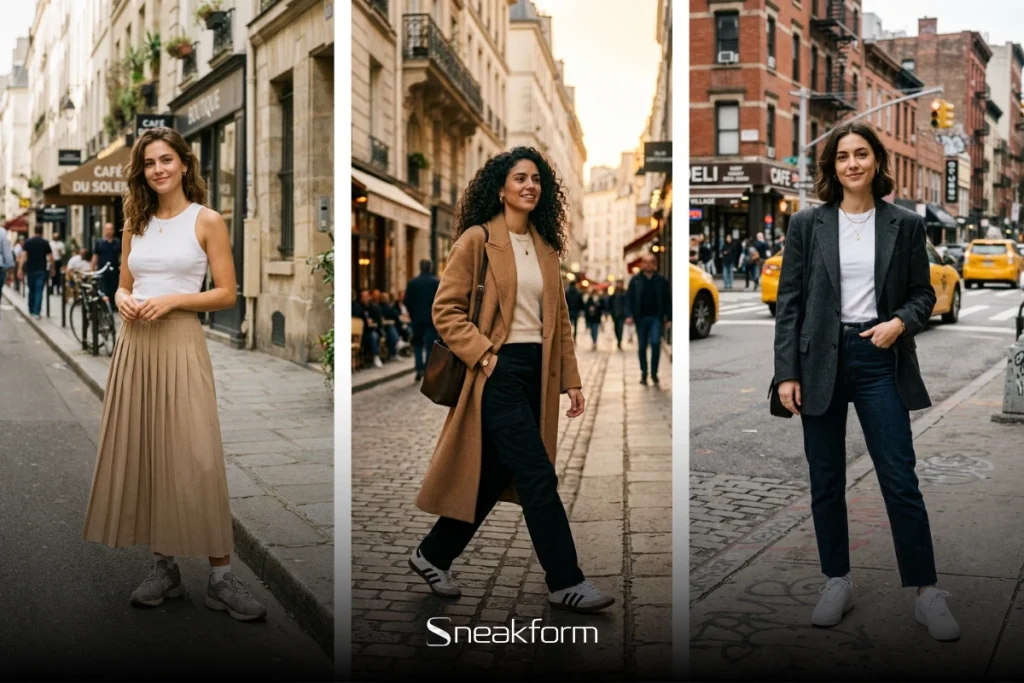 Trois outfits femme en situation urbaine, jupe midi beige avec sneakers grises à Paris, manteau camel avec cargo noir et Adidas Samba en rue parisienne, blazer gris avec jean droit et sneakers blanches à New York.