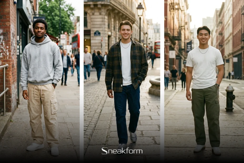 Trois outfits homme en rue européenne, hoodie gris avec cargo beige et sneakers blanches, surchemise flanelle avec jean droit et New Balance grises, t-shirt blanc avec cargo olive et sneakers blanches.