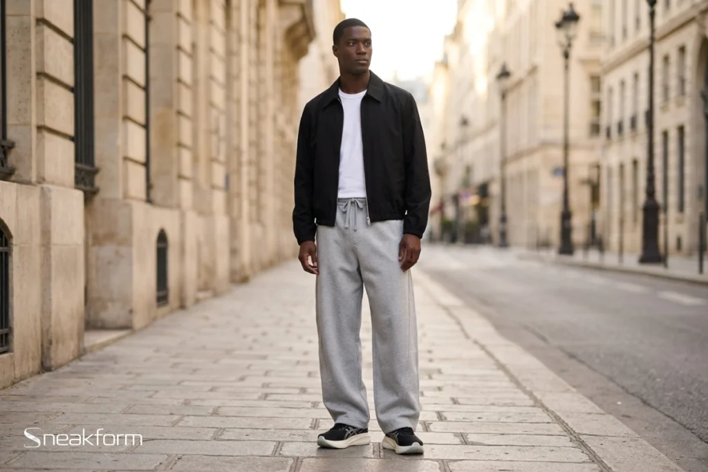Basket confortable Hoka Bondi 9 triple black portée avec un jean large délavé clair, cadrage cheville sur trottoir urbain.