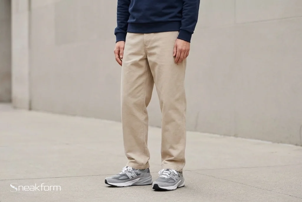 Basket confortable New Balance 990v6 grise portée avec un chino sable relaxed et un sweat navy, cadrage mi-corps sur fond urbain béton.