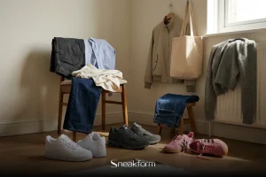 Garde-robe capsule posée dans un intérieur, jean brut, chemise oxford bleu ciel, blouson Harrington beige et trois paires de sneakers au sol.